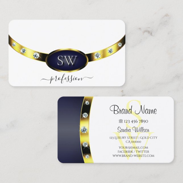 Luxury White Gold Blue with Monogram Professional  Business Card (Front/Back)