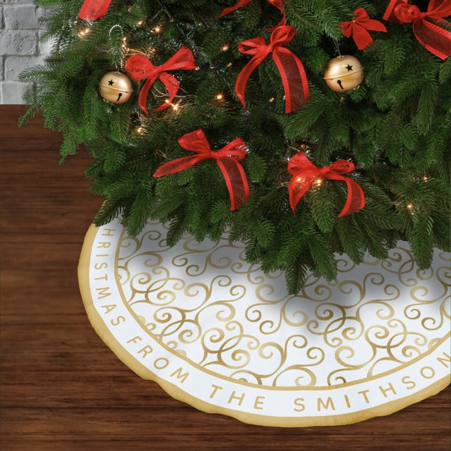 LUXURY WHITE & GOLD CHRISTMAS DAMASK PERSONALIZED BRUSHED POLYESTER TREE SKIRT (Creator Uploaded)