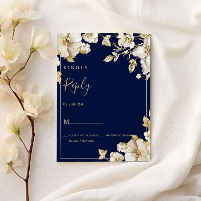 Luxury white gold floral navy blue RSVP Invitation (Luxury white gold floral navy blue RSVP )