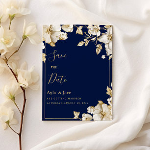 Luxury white gold floral navy blue Save the Date Invitation