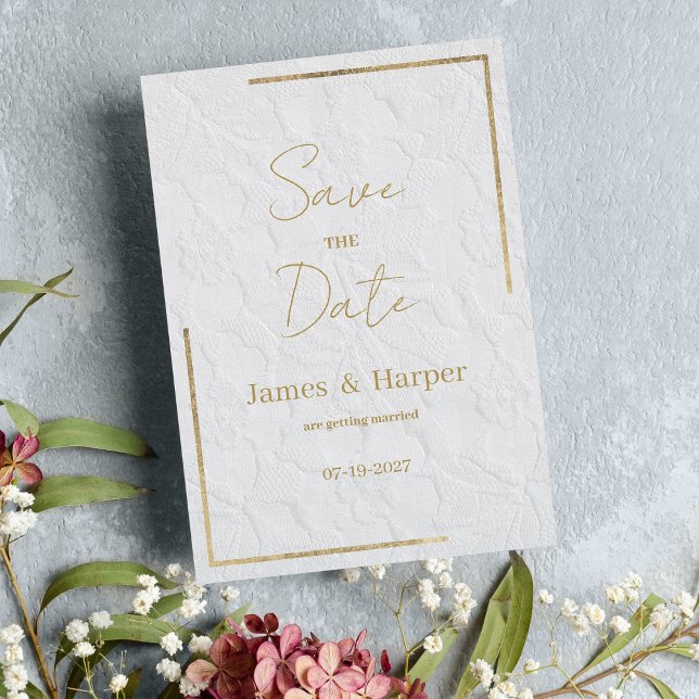 Luxury white gold french floral lace Save the Date Invitation (Luxury white gold french floral lace Save the Date)