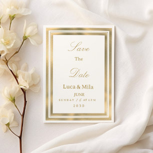 Luxury white gold geometric frame Save the Date  Invitation