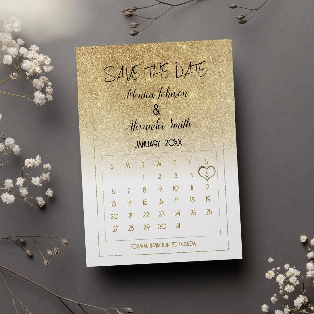 Luxury White Gold Glitter Calendar Save the Date  Announcement Postcard (Luxury White Gold Glitter Calendar Save the Date Announcement )