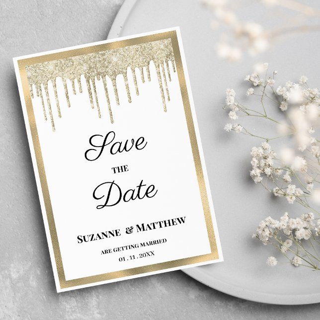 Luxury white gold glitter drips Save the Date Invitation (Luxury white gold glitter drips Save the Date)