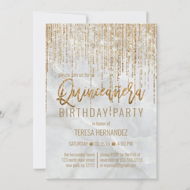 Luxury White Gold Glitter Pearl Marble Quinceañera Invitation (Front)