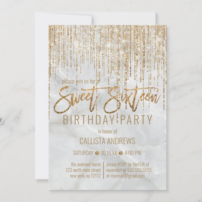 Luxury White Gold Glitter Pearl Marble Sweet 16 Invitation (Front)