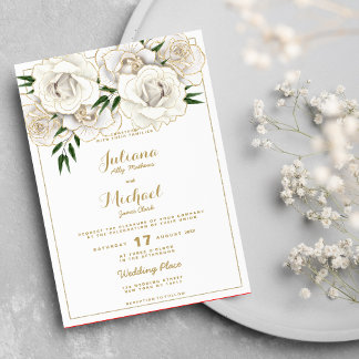  Luxury white gold glitter roses floral Wedding  Invitation
