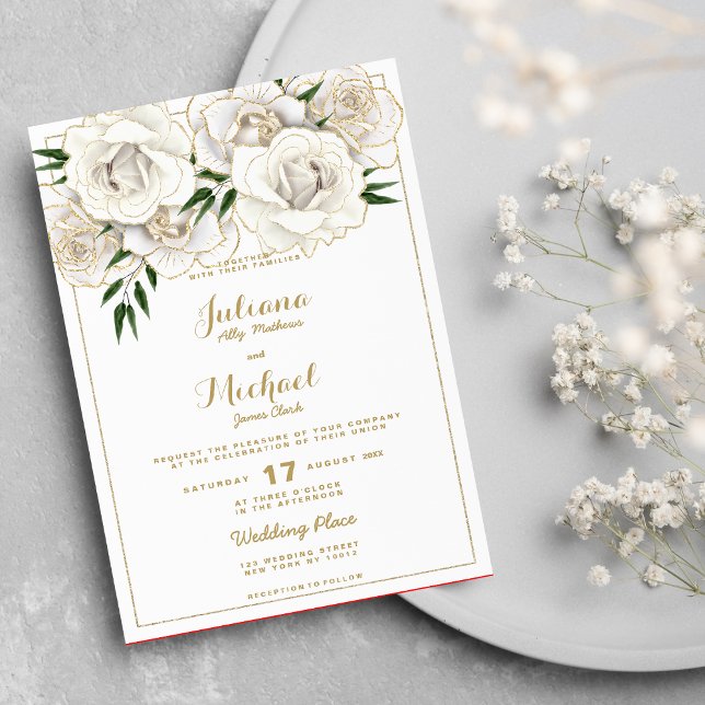  Luxury white gold glitter roses floral Wedding  Invitation (Luxury white gold glitter roses floral Wedding )
