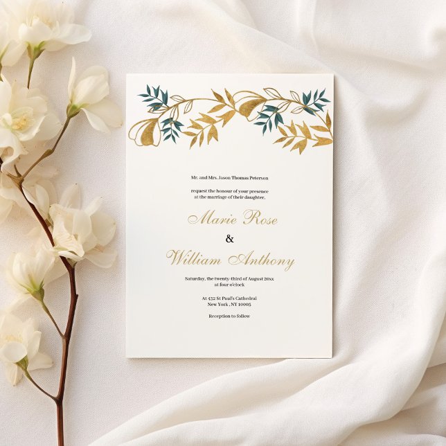Luxury white gold grayish cyan foliage Wedding  Invitation (Luxury white gold grayish cyan foliage Wedding)