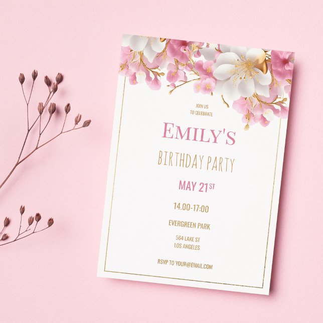 Luxury white gold pink elegant floral birthday invitation (Luxury white gold pink elegant floral birthday)