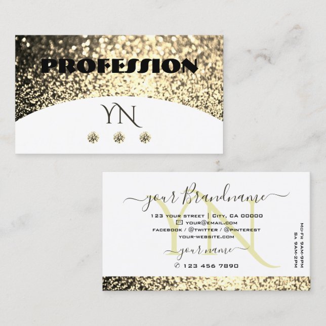 Luxury White Gold Sparkling Glitter with Monogram Business Card (Front/Back)
