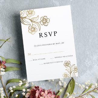 Luxury white gold typography floral wedding RSVP Invitation