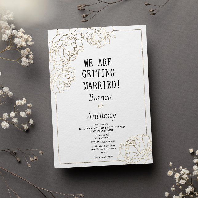 Luxury white gold typography peony floral wedding invitation (Luxury white gold typography peony floral wedding)
