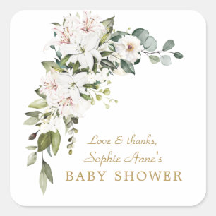 Luxury White Imperial Lilies Roses Baby Shower Square Sticker