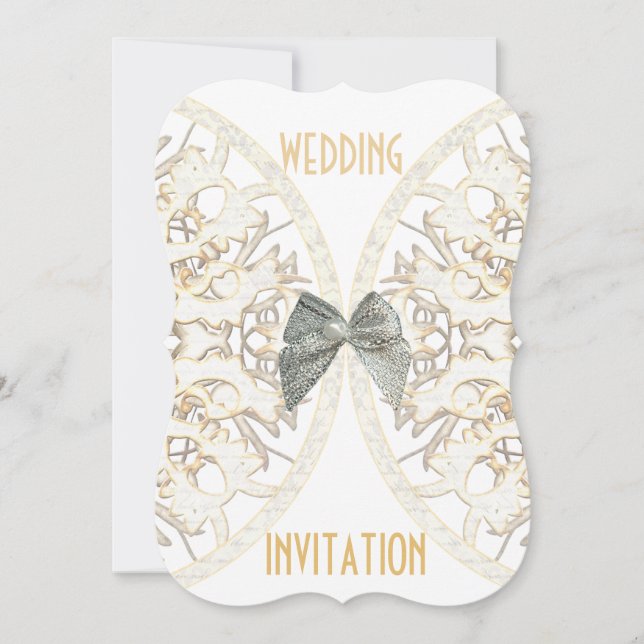 Luxury white lace paper cut damask wedding invitation (Front)