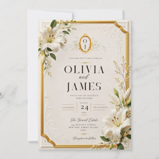 Luxury White Lily Gold Wedding Invitation Elegant