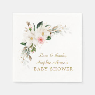 Luxury White Magnolia Pink Floral Baby Shower Napkin