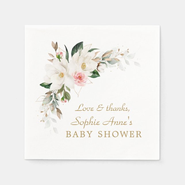 Luxury White Magnolia Pink Floral Baby Shower    Napkin (Front)