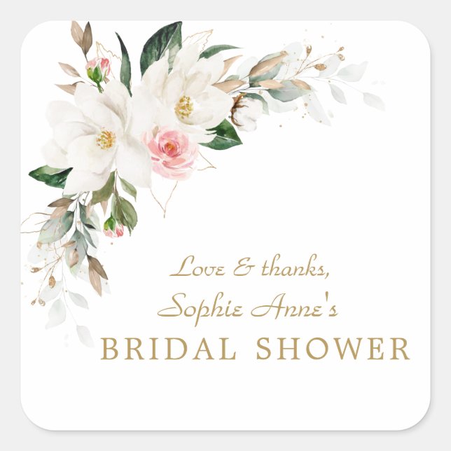 Luxury White Magnolia Pink Floral Bridal Shower   Square Sticker (Front)