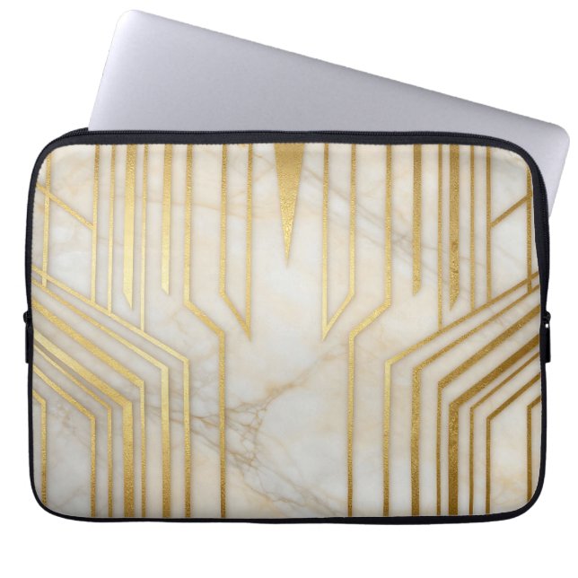 Luxury White Marble Gold Geometric Pattern Laptop Sleeve (Front)