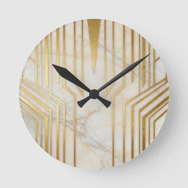 Luxury White Marble Gold Geometric Pattern Round Clock (Front)