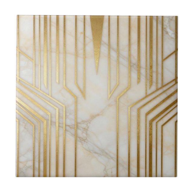 Luxury White Marble Gold Geometric Pattern Tile (Front)