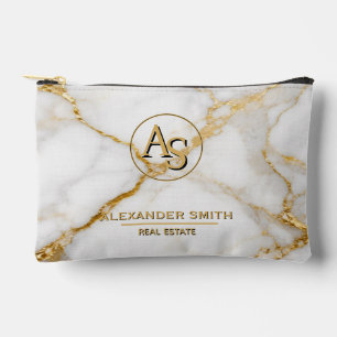 Luxury White Marble Gold Monogram Real Estate Accessory Pouch