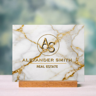 Luxury White Marble Gold Monogram Real Estate Acrylic Sign