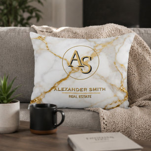 Luxury White Marble Gold Monogram Real Estate Decorative Cushion
