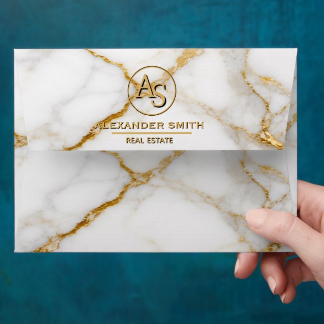 Luxury White Marble Gold Monogram Real Estate  Envelope (Hand)