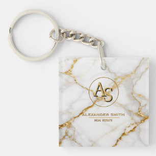 Luxury White Marble Gold Monogram Real Estate Key Ring
