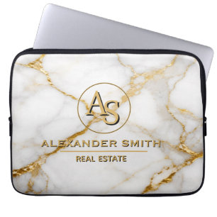 Luxury White Marble Gold Monogram Real Estate Laptop Sleeve