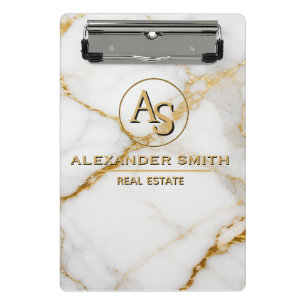 Luxury White Marble Gold Monogram Real Estate Mini Clipboard