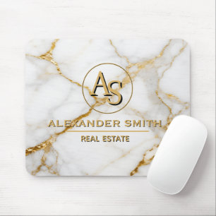 Luxury White Marble Gold Monogram Real Estate Mouse Mat