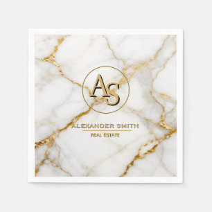 Luxury White Marble Gold Monogram Real Estate Napkin