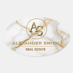 Luxury White Marble Gold Monogram Real Estate Oval Sticker