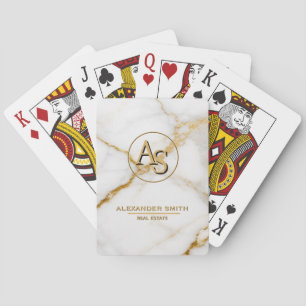 Luxury White Marble Gold Monogram Real Estate Playing Cards