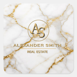 Luxury White Marble Gold Monogram Real Estate Square Sticker