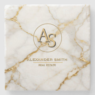 Luxury White Marble Gold Monogram Real Estate Stone Coaster