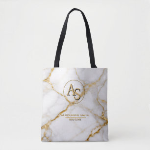 Luxury White Marble Gold Monogram Real Estate Tote Bag