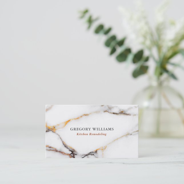 Luxury white marble texture gold and grey accents business card (Standing Front)