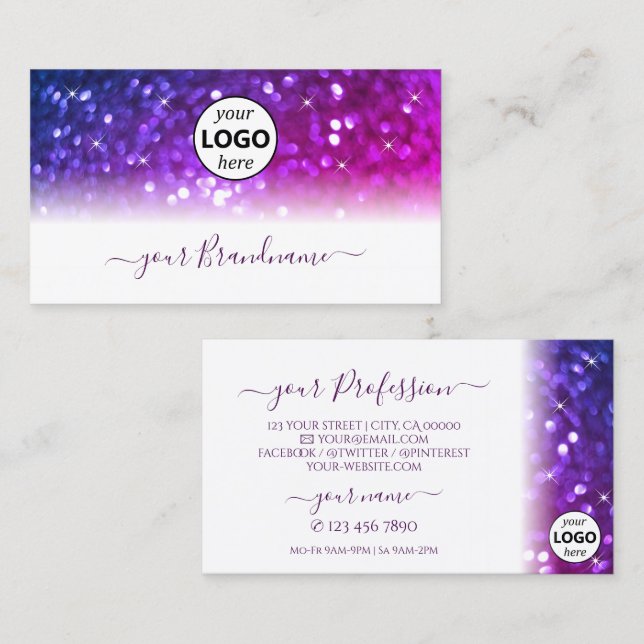 Luxury White Pink Purple Sparkle Glitter with Logo Business Card (Front/Back)