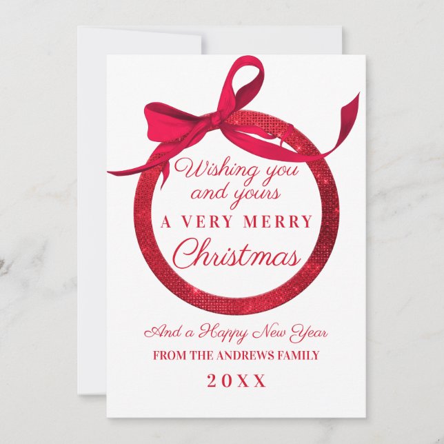 Luxury White Red Glitter Bow Ornament Christmas Holiday Card (Front)