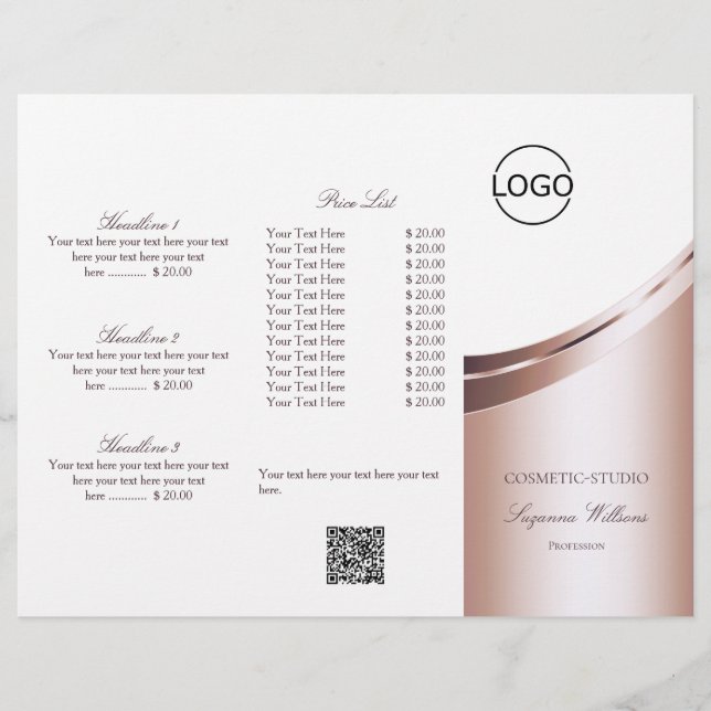 Luxury White Rose Gold Decor add Logo and QR Code Flyer (Front)