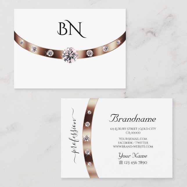 Luxury White Rose Gold with Monogram and Diamonds Business Card (Front/Back)