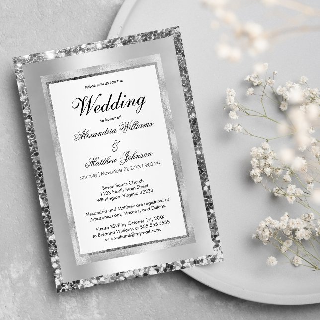 Luxury  white silver sequin frame elegant Wedding Invitation (Luxury white silver sequin frame elegant Wedding )