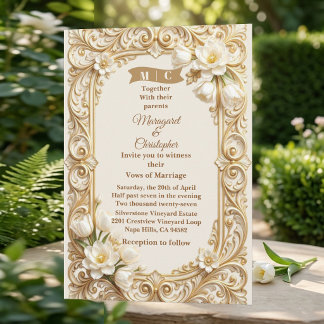 Luxury White Tulips Baroque Gold Florals Wedding  Invitation