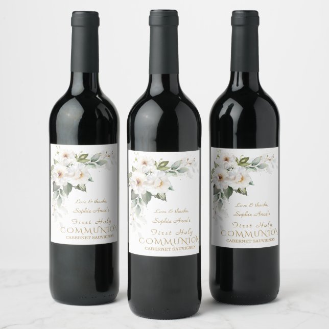 Luxury White Wild Roses First Holy Communion  Wine Label (Bottles)