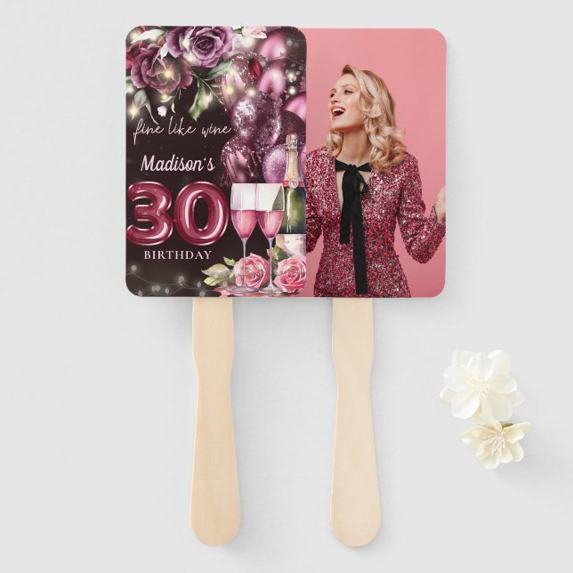 Luxury Wine 30th Birthday Photo Hand Fan (Front and Back)