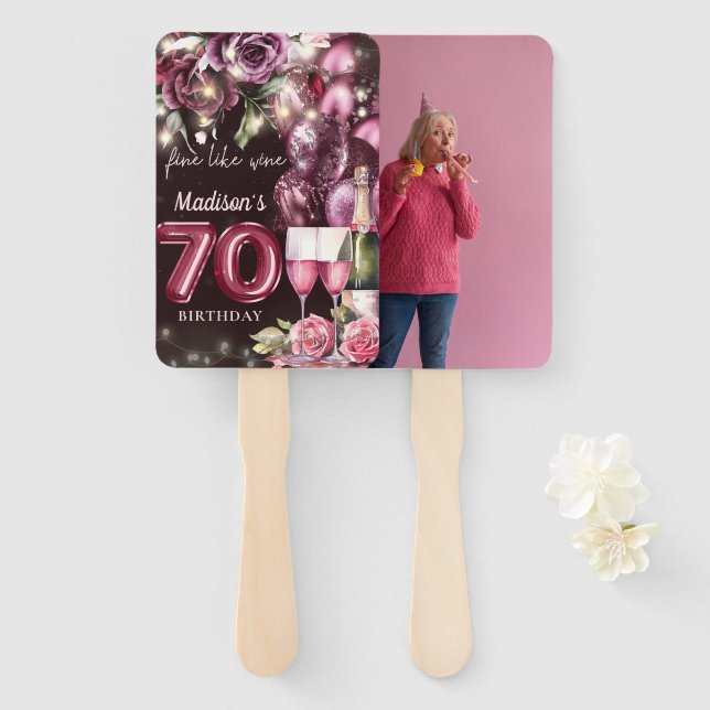 Luxury Wine 70th Birthday Photo Hand Fan (Front and Back)
